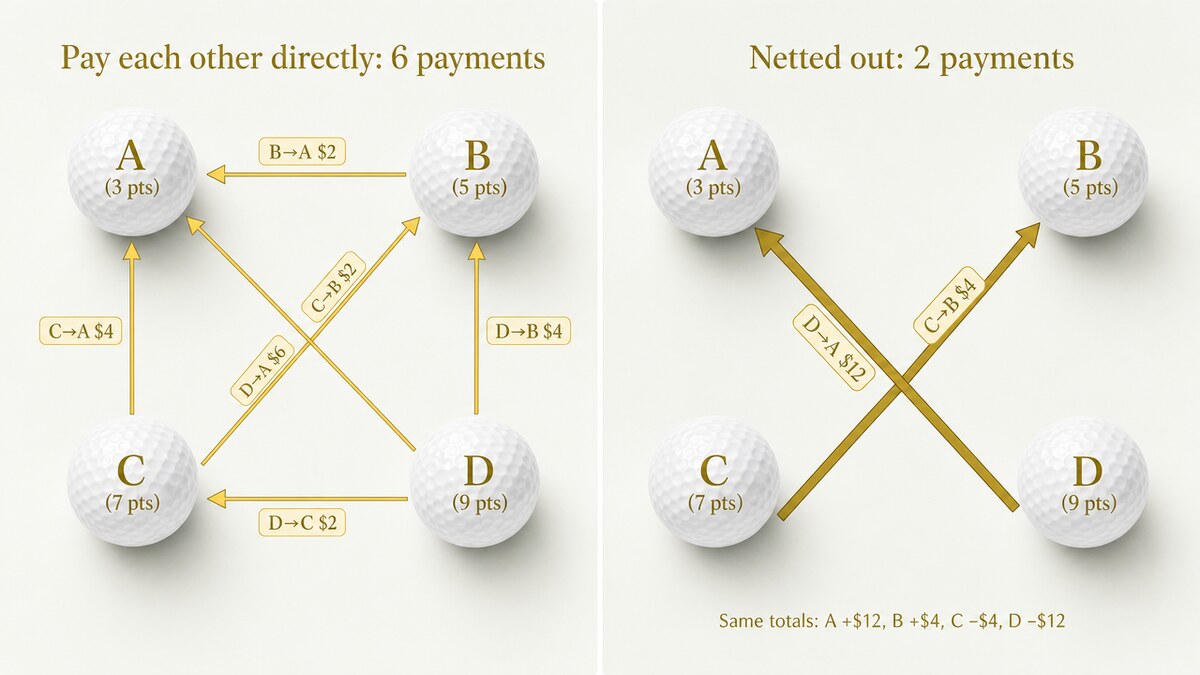Before-and-after diagram: left side shows four players with six crossing payment arrows between every pair; right side shows the same four players with only two arrows, D to A for $12 and C to B for $4.