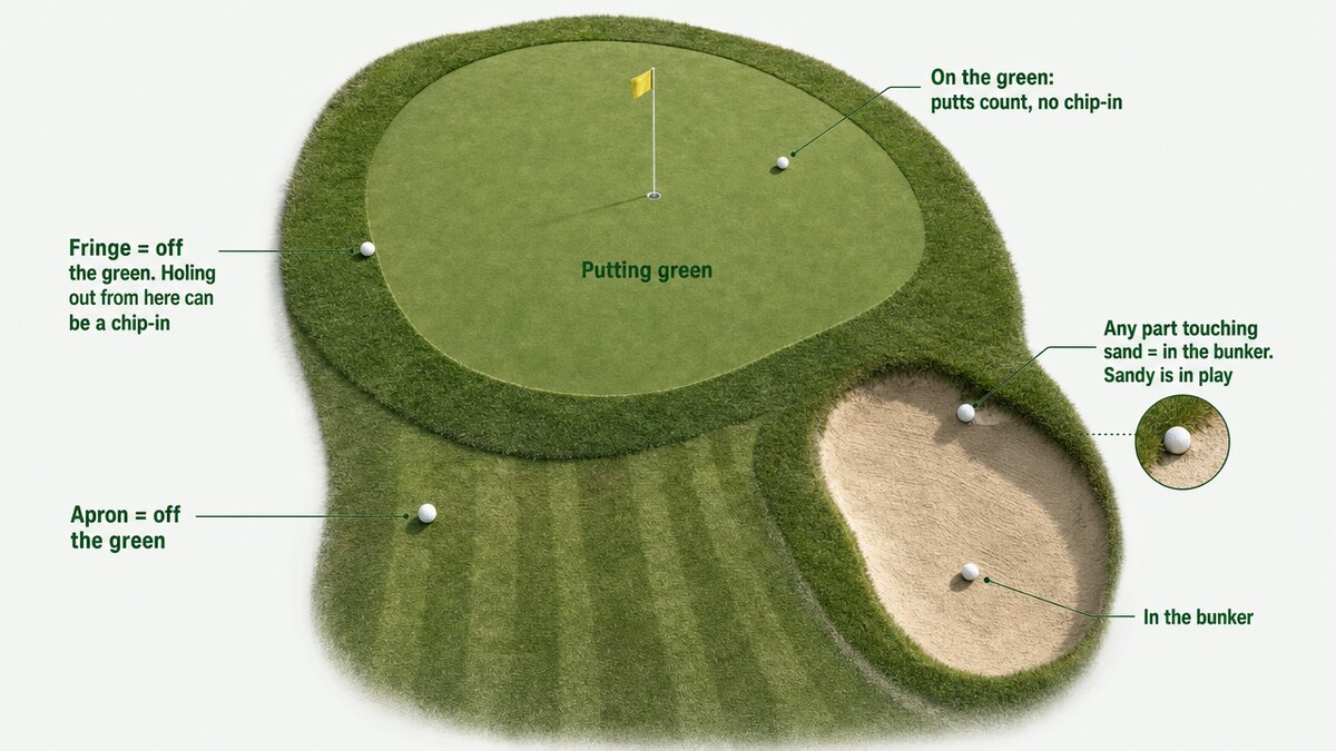 Top-down view of a green with surrounding fringe and a greenside bunker, with callouts showing which ball positions count for a chip-in, a sandy and a greenie.
