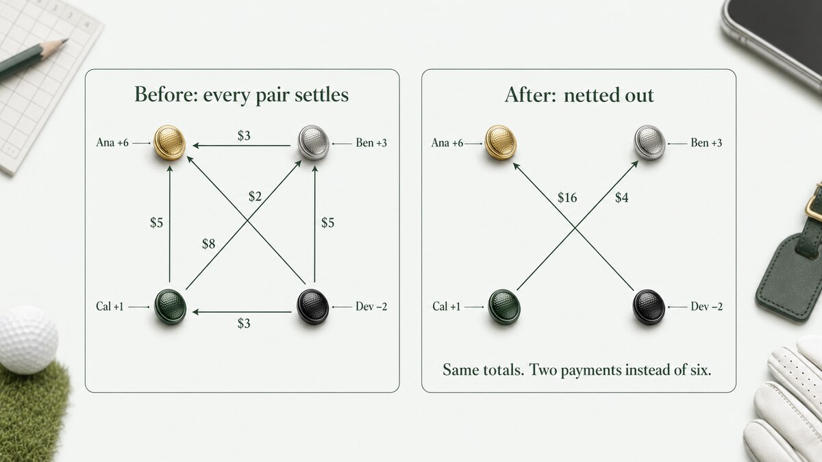 Before-and-after diagram: on the left, four players connected by six payment arrows; on the right, the same four players with only two payment arrows.