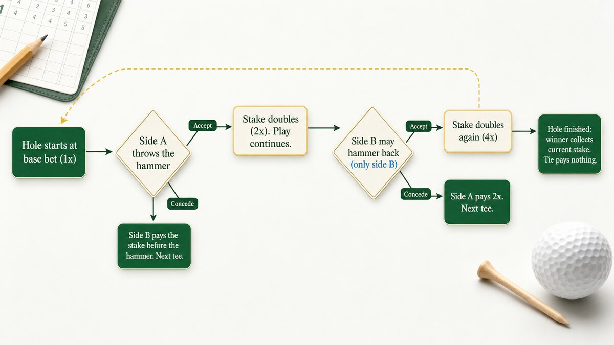 Decision flow showing a hammer being thrown, the other side choosing to accept or concede, and an accepted hammer allowing a re-hammer.