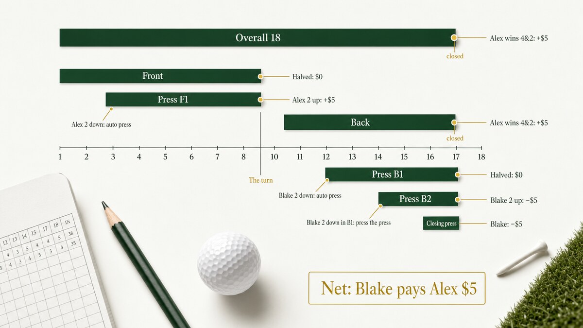 A horizontal 18-hole timeline with stacked bars showing the front bet, back bet, overall bet, two back-nine presses, one front-nine press and a closing press on 18, each labeled with its result.
