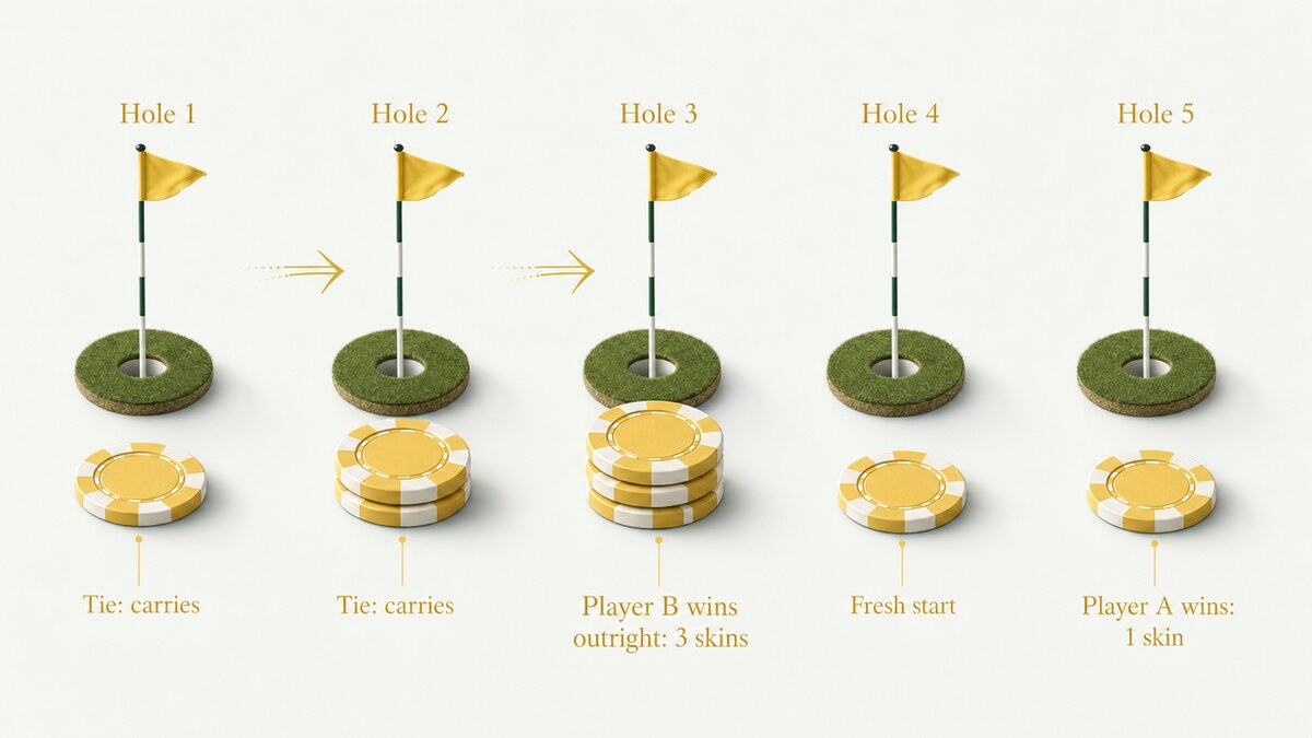 Five holes in a row showing skin value growing from 1 to 3 as holes tie, then resetting after an outright win.