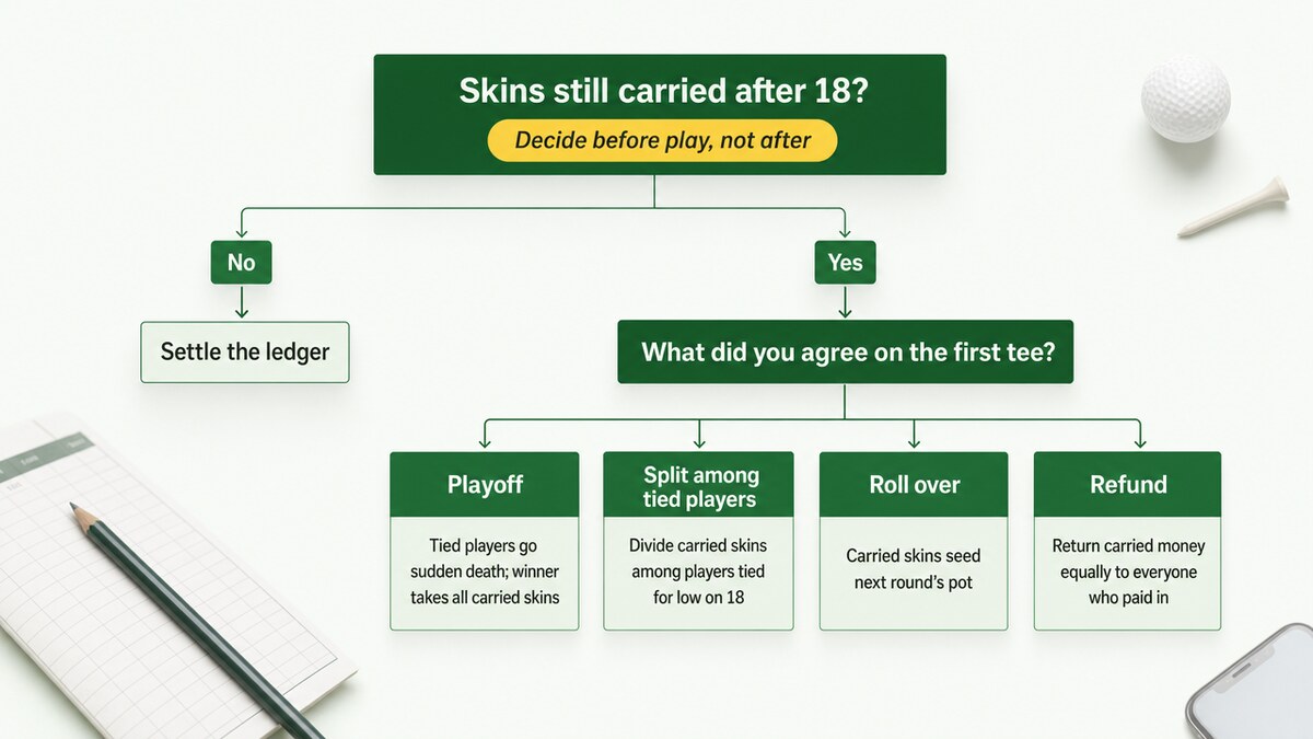 Decision flow starting at 'Skins still carried after 18?' branching into playoff, split among tied players, roll to next week, or refund.