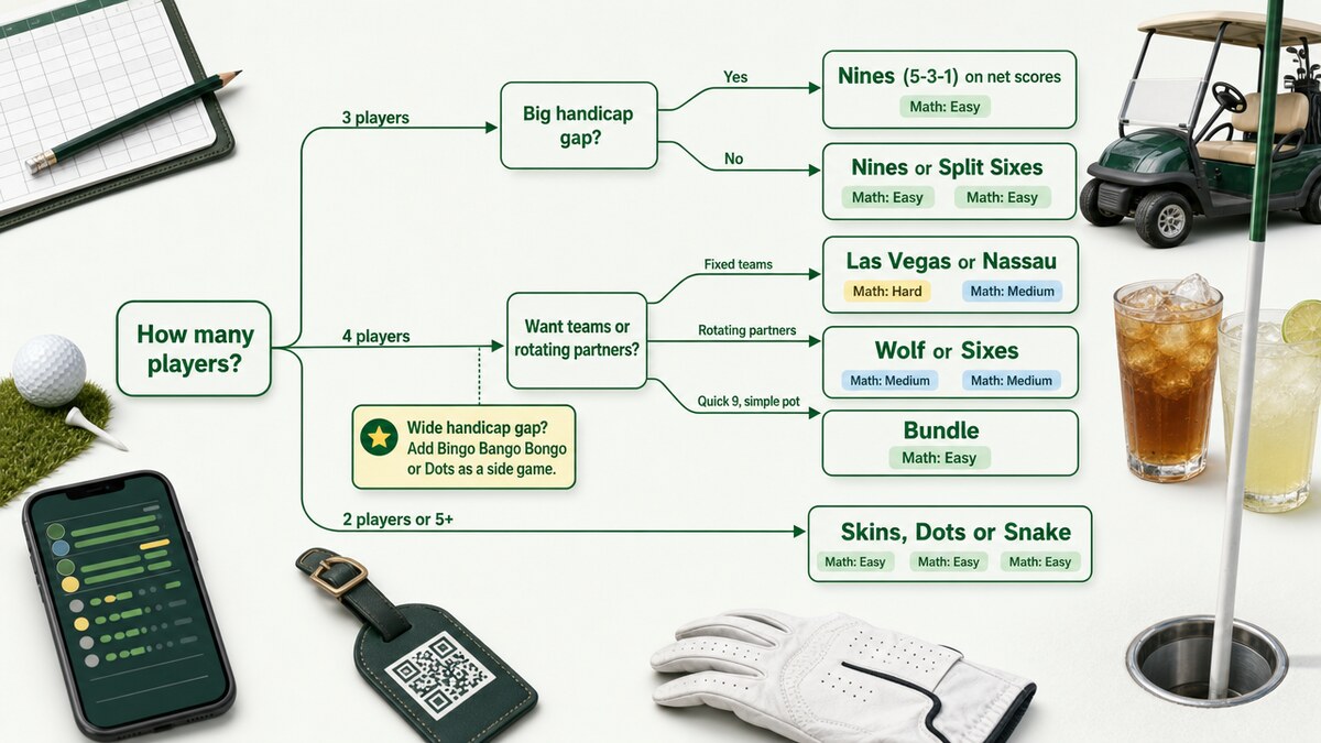 Decision flow that starts with group size and branches to recommended golf side games, then branches again on handicap spread.