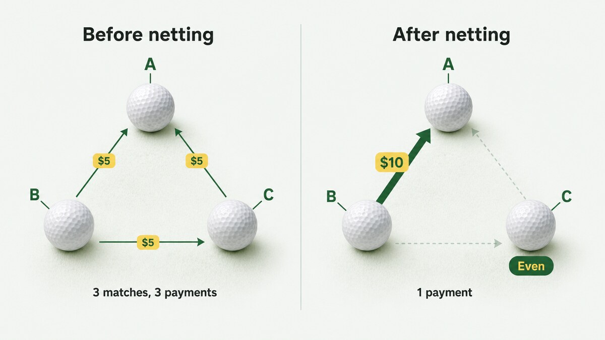 Before and after diagram. Left: three players A, B and C in a triangle with three arrows, B to A $5, C to A $5, B to C $5. Right: the same triangle with one arrow, B to A $10, and C marked even.