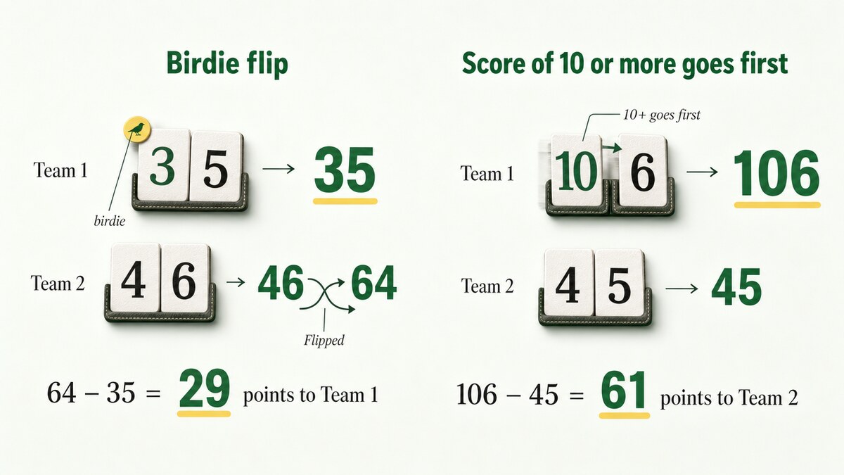Two side-by-side hole examples in Las Vegas golf. On the left, Team 2's 46 flips to 64 after Team 1's birdie. On the right, Team 1's 6 and 10 become 106 against Team 2's 45.