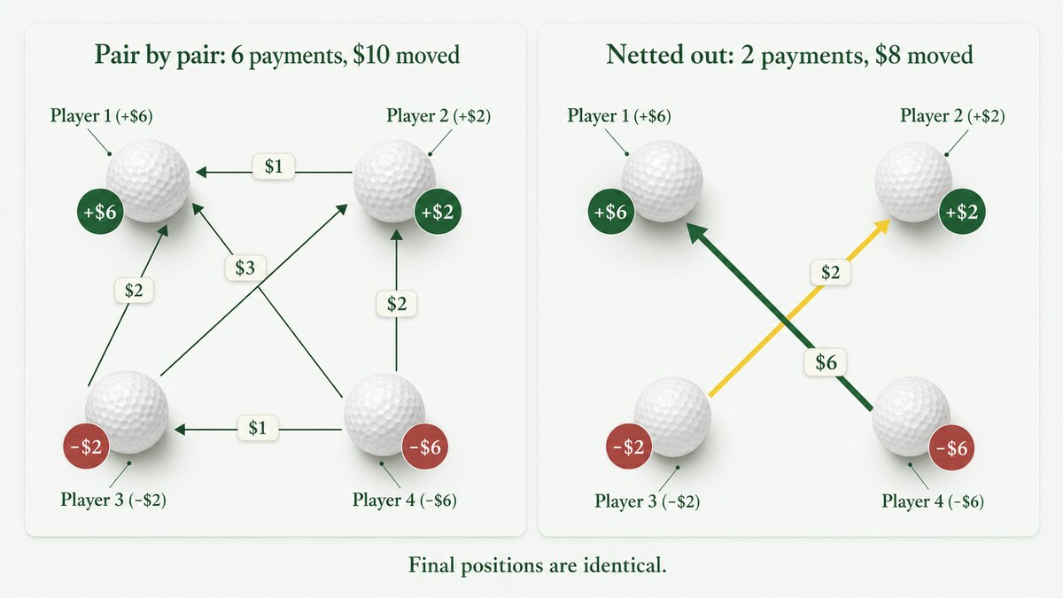 Two side-by-side panels with four player circles each. The left panel has six arrows between every pair of players. The right panel has only two arrows: Player 4 to Player 1 for $6 and Player 3 to Player 2 for $2.