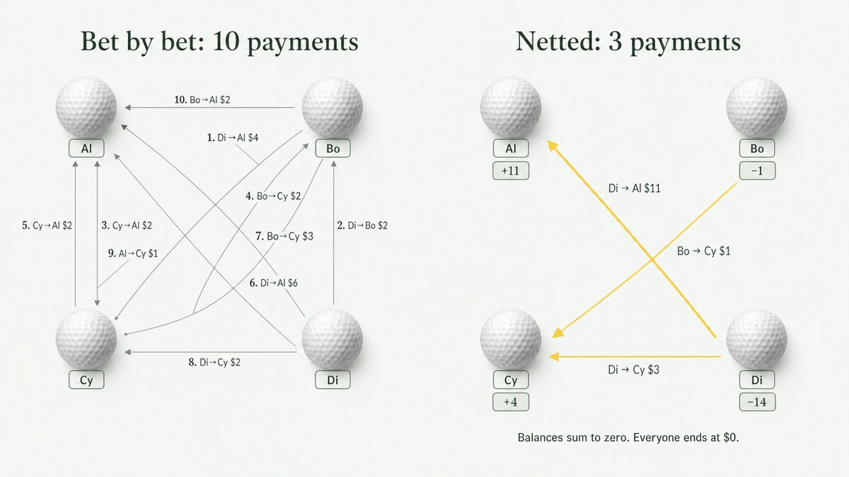 Left panel shows four players connected by ten crisscrossing payment arrows; right panel shows the same four players connected by three arrows labeled $11, $3 and $1.